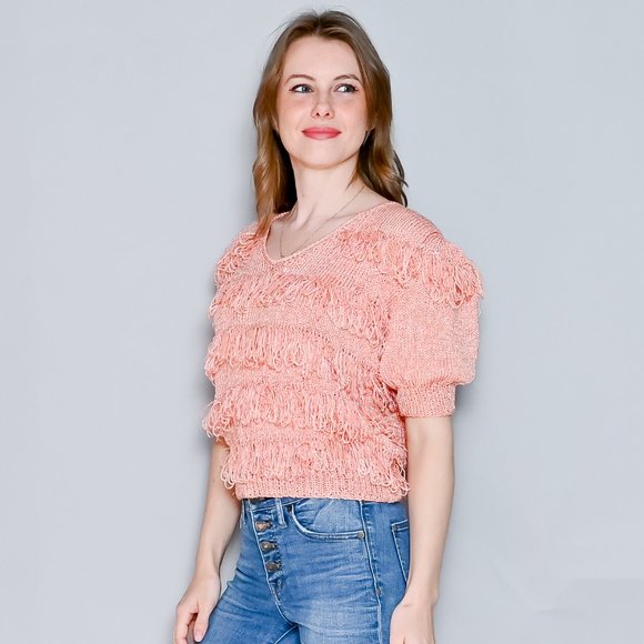 VINTAGE Loopy Fringe Knit Peachy Pink Sweater Top 50s 60s XS/S - Picture 4 of 7